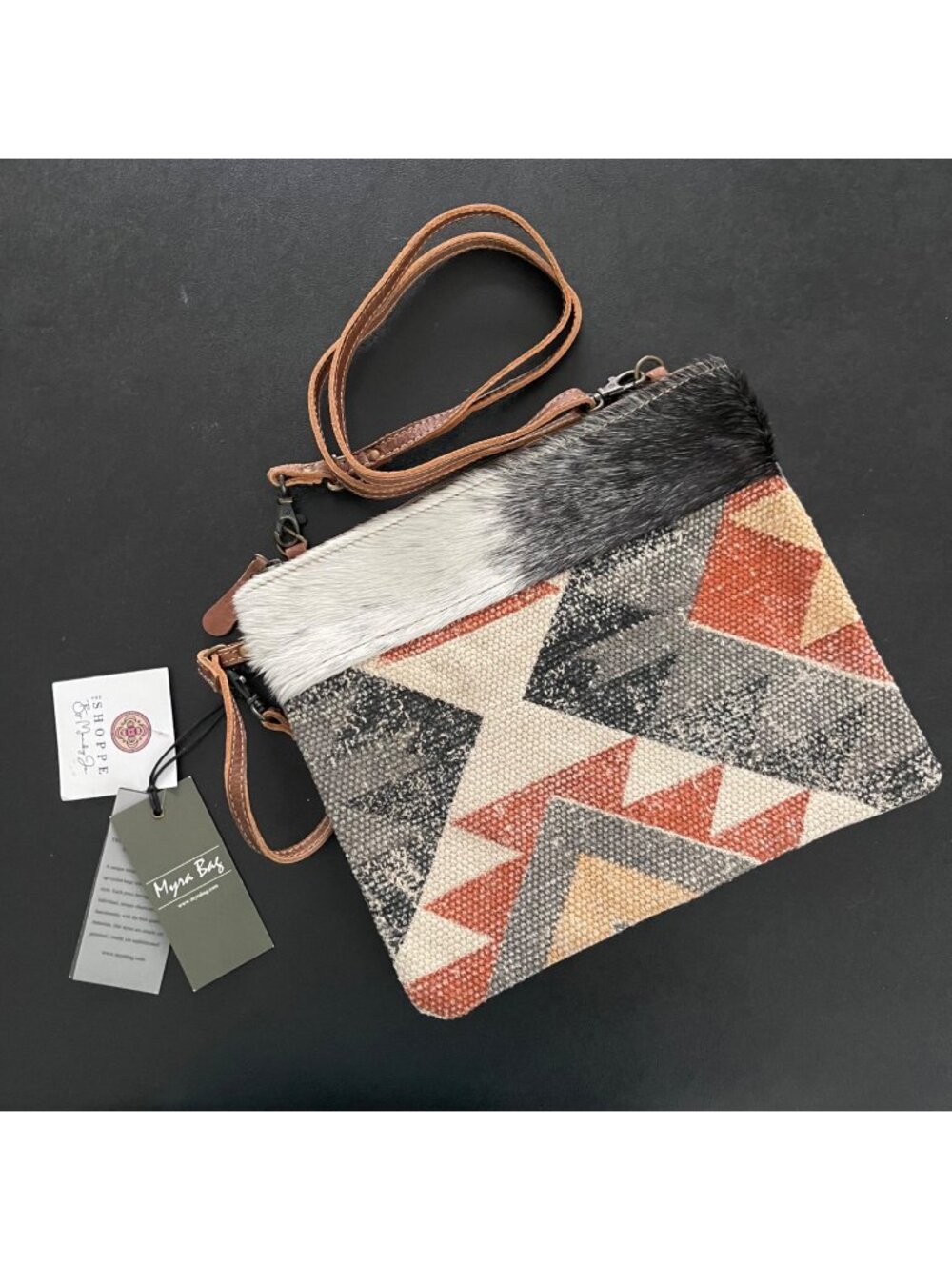 Myra Bag Womens Western Boho Crossbody Clutch Bag Cowhide Canvas Geometric Aztec